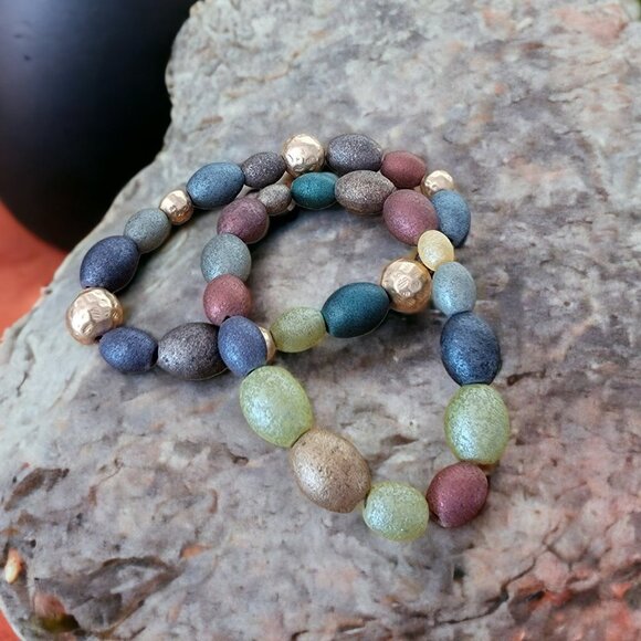 Multi-Colored Muted Acrylic Beaded Bracelets - Set of 2 - New - Picture 1 of 4